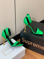 BALMAIN 25S SQUARE STRAP HIGH HEELS 100MM IN GREEN PATENT CALFSKIN
