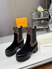 LV WOMEN SHORT BOOT IN BLACK SUEDE AND CHOCOLATE BROWN CALFSKIN