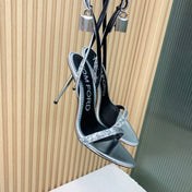 CRYSTAL PADLOCK HIGH HEEL 10 CM SANDAL IN SILVER SHEEPSKIN