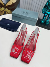 PRADA 26S SLINGBACK PUMPS 40MM IN DARK RED SATIN CRYSTAL EMBELLISHED