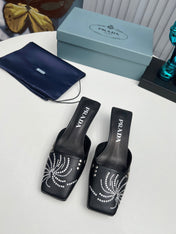 PRADA 26S MULE 40MM IN BLACK CALFSKIN CRYSTAL EMBELLISHED