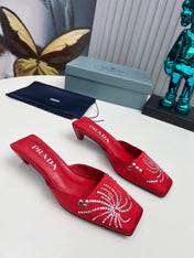 PRADA 26S MULE 40MM IN DARK RED SATIN CRYSTAL EMBELLISHED
