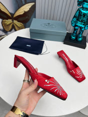 PRADA 26S MULE 40MM IN DARK RED SATIN CRYSTAL EMBELLISHED