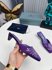 PRADA 26S MULE 40MM IN PURPLE SATIN CRYSTAL EMBELLISHED