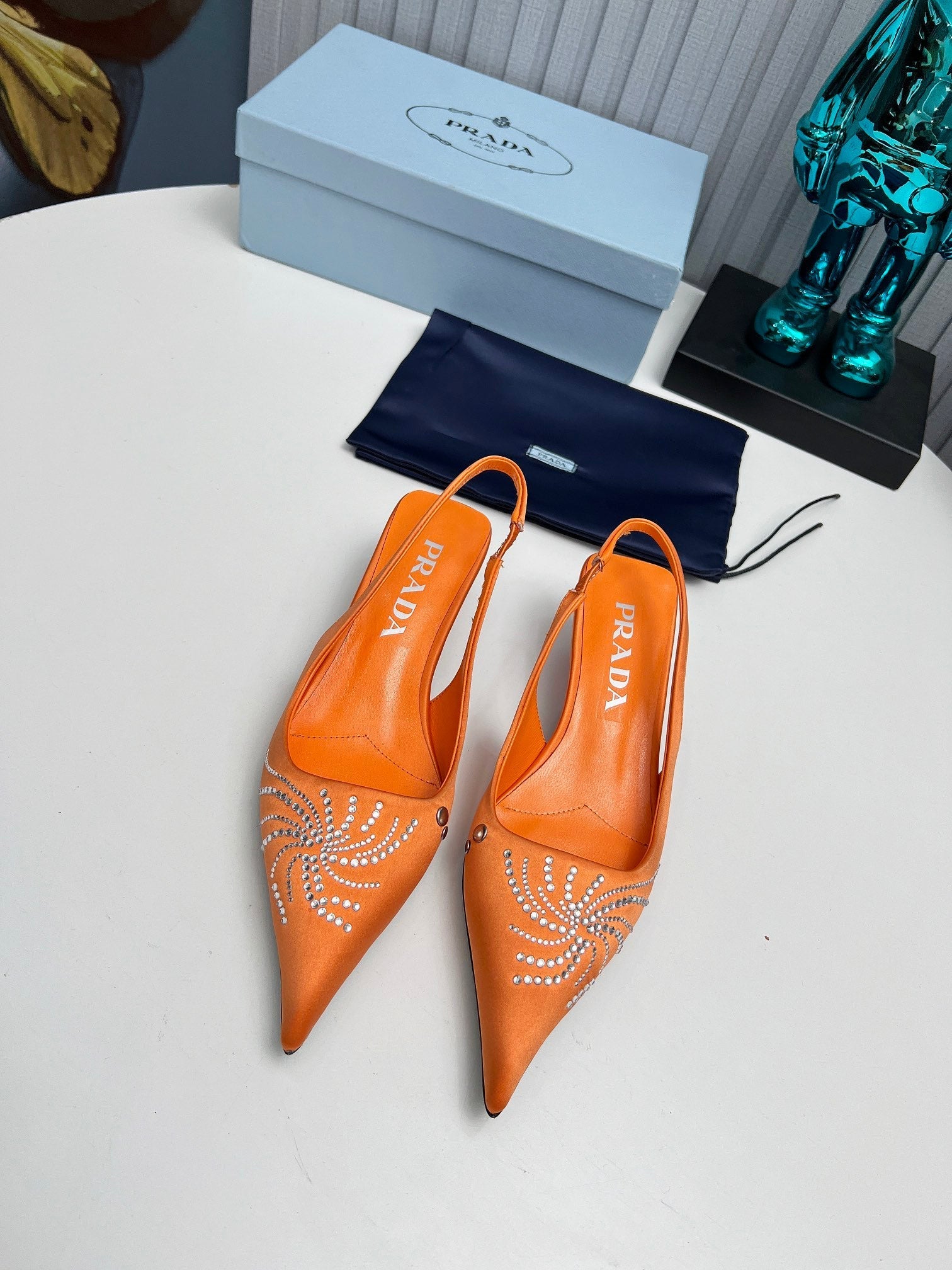 PRADA 26S POINTED TOE SLINGBACK 40MM IN ORANGE SATIN CRYSTAL EMBELLISHED