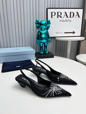 PRADA 26S POINTED TOE SLINGBACK 40MM IN BLACK SATIN CRYSTAL EMBELLISHED