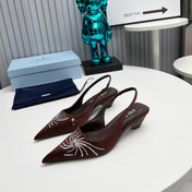PRADA 26S POINTED TOE SLINGBACK 40MM IN DARK BROWN SATIN CRYSTAL EMBELLISHED