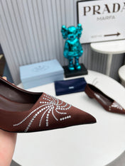 PRADA 26S POINTED TOE PUMPS 40MM IN DARK BROWN SATIN CRYSTAL EMBELLISHED