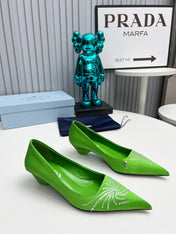 PRADA 26S POINTED TOE PUMPS 40MM IN APPLE GREEN SATIN CRYSTAL EMBELLISHED
