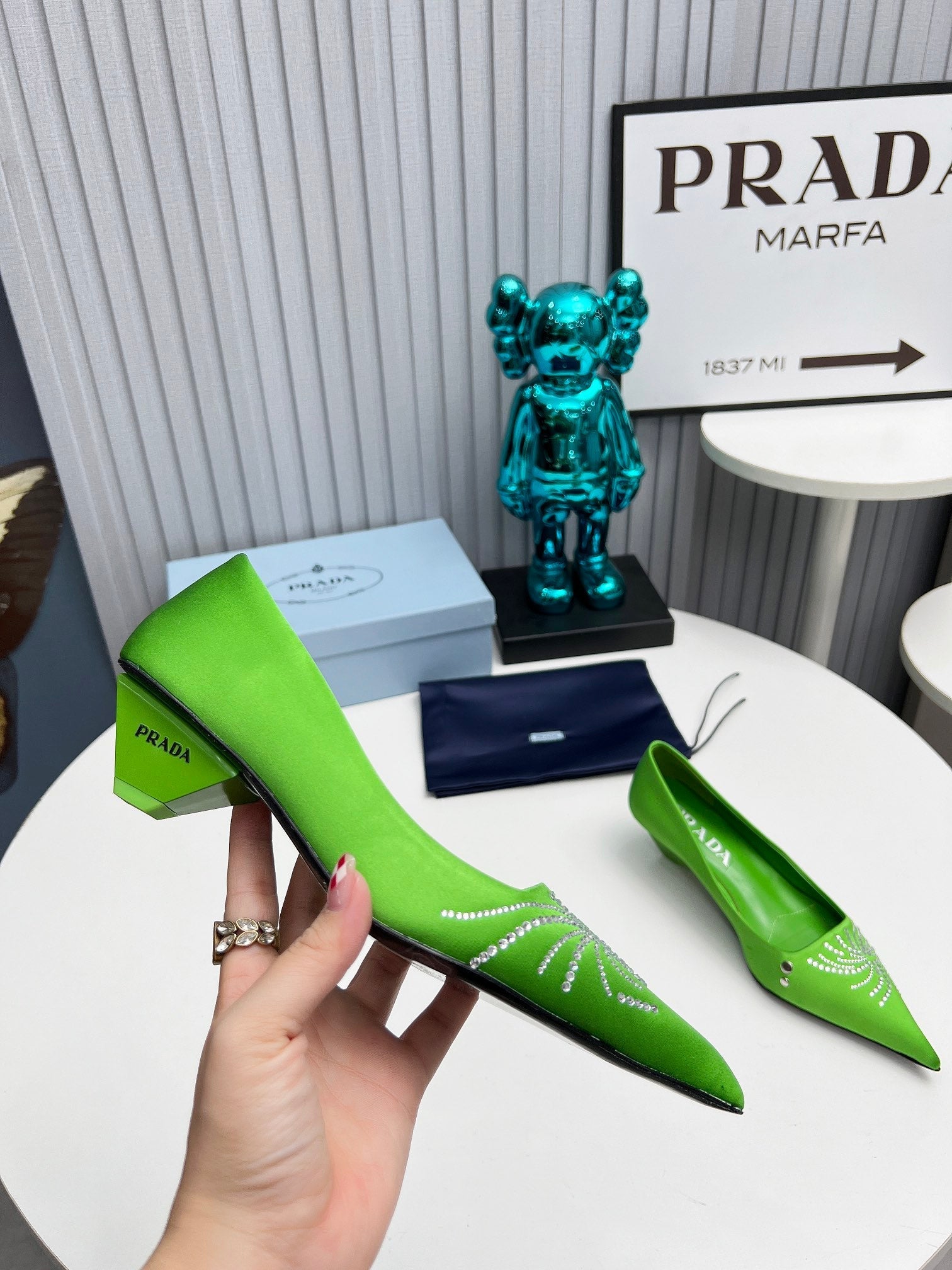 PRADA 26S POINTED TOE PUMPS 40MM IN APPLE GREEN SATIN CRYSTAL EMBELLISHED