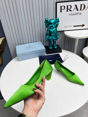 PRADA 26S POINTED TOE PUMPS 40MM IN APPLE GREEN SATIN