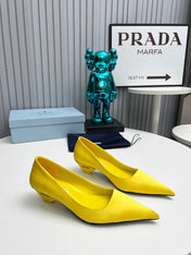 PRADA 26S POINTED TOE PUMPS 40MM IN YELLOW SATIN