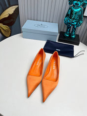 PRADA 26S POINTED TOE PUMPS 40MM IN ORANGE SATIN