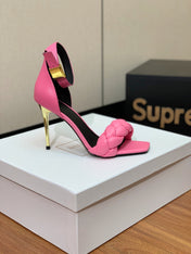 BALMAIN 26S BRAIDED-STRAP HIGH-HEEL SANDALS 95 MM IN PINK CALFSKIN