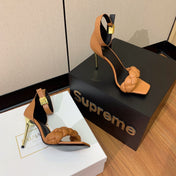 BALMAIN 26S BRAIDED-STRAP HIGH-HEEL SANDALS 95 MM IN BROWN CALFSKIN