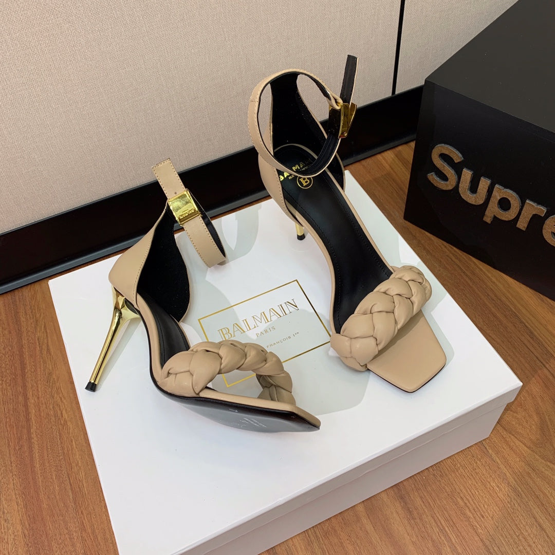 BALMAIN 26S BRAIDED-STRAP HIGH-HEEL SANDALS 95 MM IN BEIGE CALFSKIN