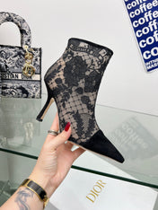 DIOR 25S POINTED-TOE ANKLE BOOTS 95 MM IN BLACK MESH TULLE AND SUEDE