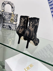 DIOR 25S POINTED-TOE ANKLE BOOTS 95 MM IN BLACK MESH TULLE AND SUEDE