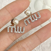 MIUMIU 26S PEARL LOGO DROP EARRINGS WITH CRYSTALS IN SILVER TONE METAL 625655