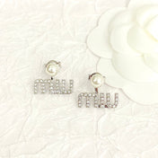MIUMIU 26S PEARL LOGO DROP EARRINGS WITH CRYSTALS IN SILVER TONE METAL 625655