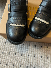 MIUMIU 26S FRINGE BUCKLE LOAFERS IN BLACK CALFSKIN