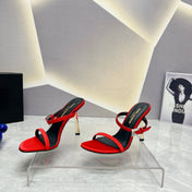 SL CRYSTAL BUCKLE HIGH HEELS RED SATIN
