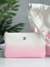 CHANEL 22 BAG 25S 37 CM IN PASTEL PINK MIX WHITE LAMBSKIN WITH WHITE HARDWARE