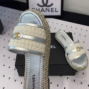 Double CC Women Silver Slippers Calfskin