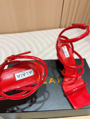 ALAIA THREE-STRAPS HIGH HEEL SANDALS IN CHERRY RED PATENT LAMBSKIN