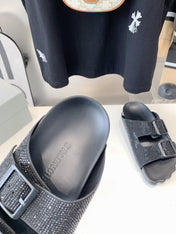 BIRKENSTOCK SLIPPERS ATTACHED RHINESTONES IN BLACK CALFSKIN