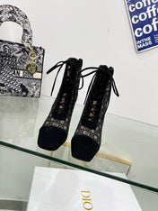 NAUGHTILY-D HEELED ANKLE BOOT IN BLACK CANNAGE MOTIF MESH AND SUEDE 8 CM