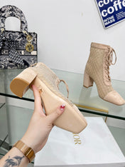 NAUGHTILY-D HEELED ANKLE BOOT IN BISQUE BEIGE EMBROIDERED MESH AND SUEDE 8 CM