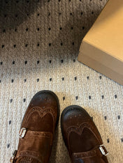 MIUMIU 26S LACE-UP BROGUE LOAFERS IN CHOCOLATE BROWN SUEDE