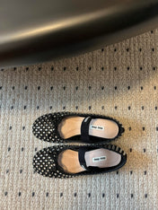 MIUMIU 26S BALLERINA FLATS IN BLACK MESH CALFSKIN WITH RHINESTONES