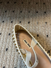 MIUMIU 26S BALLERINA FLATS IN LIGHT BEIGE MESH CALFSKIN WITH RHINESTONES
