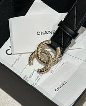 DOUBLE C BELT 30MM IN BLACK CALFSKIN EMBOSSED LOGO GOLD BUCKLE