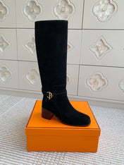 HM 25S TALL BOOTS 50 MM IN BLACK SUEDE WITH GOLD HARDWARE