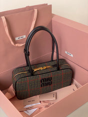 BEAU TOP HANDLE BAG 27 IN LODEN GREEN TARTAN AND BLACK LEATHER TRIM