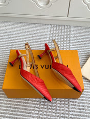 BLOSSOM SLINGBACKS 55 MM IN CHERRY RED IMPORTED STRIPED SILK SATIN