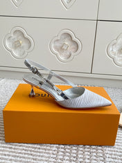 BLOSSOM SLINGBACKS 55 MM IN SILVER IMPORTED STRIPED SILK SATIN