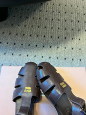 MIUMIU 26S FISHERMAN SANDALS IN DARK BROWN RUCHES NAPPA CALFSKIN