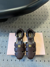 MIUMIU 26S FISHERMAN SANDALS IN DARK BROWN RUCHES NAPPA CALFSKIN