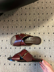 PETAL BELT FLAT SANDAL IN SANGRIA RED CALFSKIN