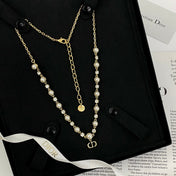 CD 26S CD LOGO PEARL & CRYSTAL BEADED CHAIN NECKLACE IN GOLD METAL 633243