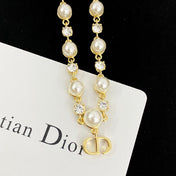 CD 26S CD LOGO PEARL & CRYSTAL BEADED CHAIN NECKLACE IN GOLD METAL 633243