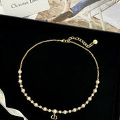 CD 26S CD LOGO PEARL & CRYSTAL BEADED CHAIN NECKLACE IN GOLD METAL 633243