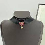 CD 26S HEART CRYSTAL PEARL DROP RIBBON CHOKER NECKLACE IN GOLD METAL