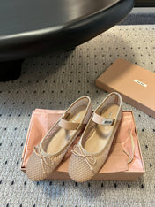 MIUMIU 26S BALLERINAS IN BEIGE MESH FABRIC WITH BOW