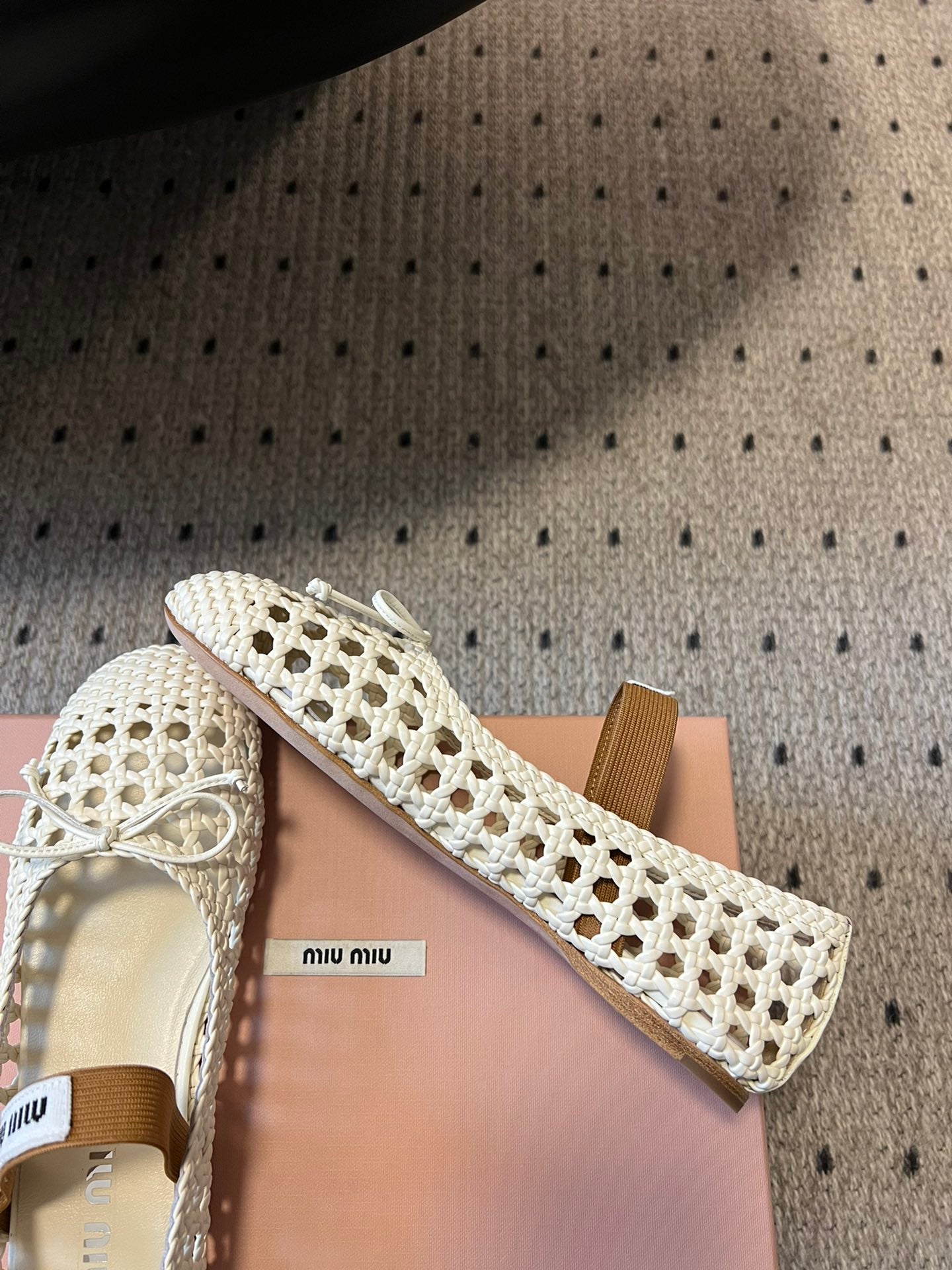MIUMIU 26S BALLERINA FLATS IN CREAM WHITE MESH SHEEPSKIN