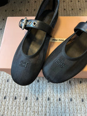 MIUMIU 26S BALLERINAS IN BLACK MESH FABRIC